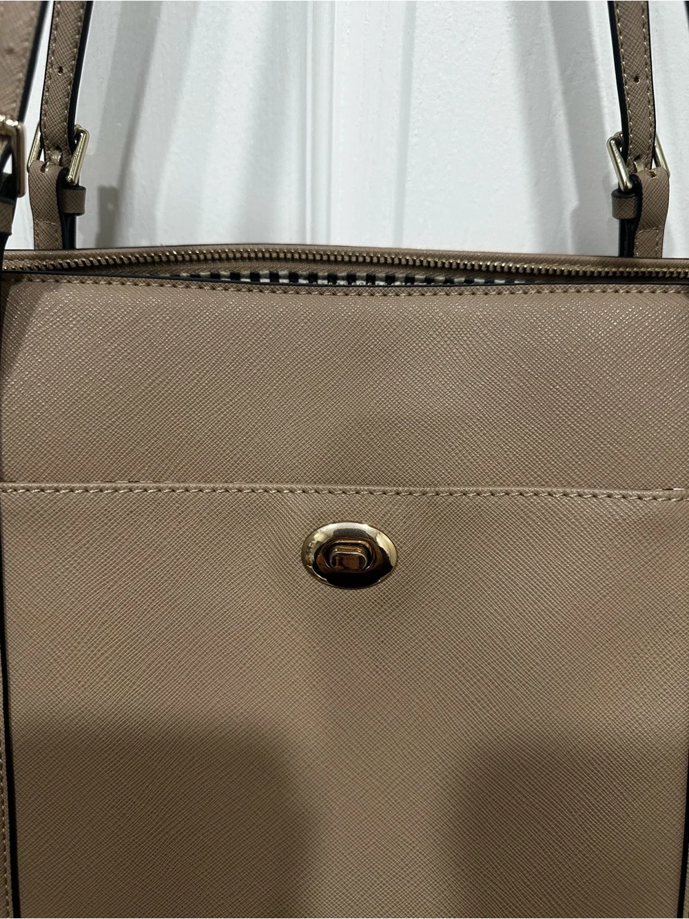 Classic Taupe Faux Leather Tote Bag with Turn-Lock Detail